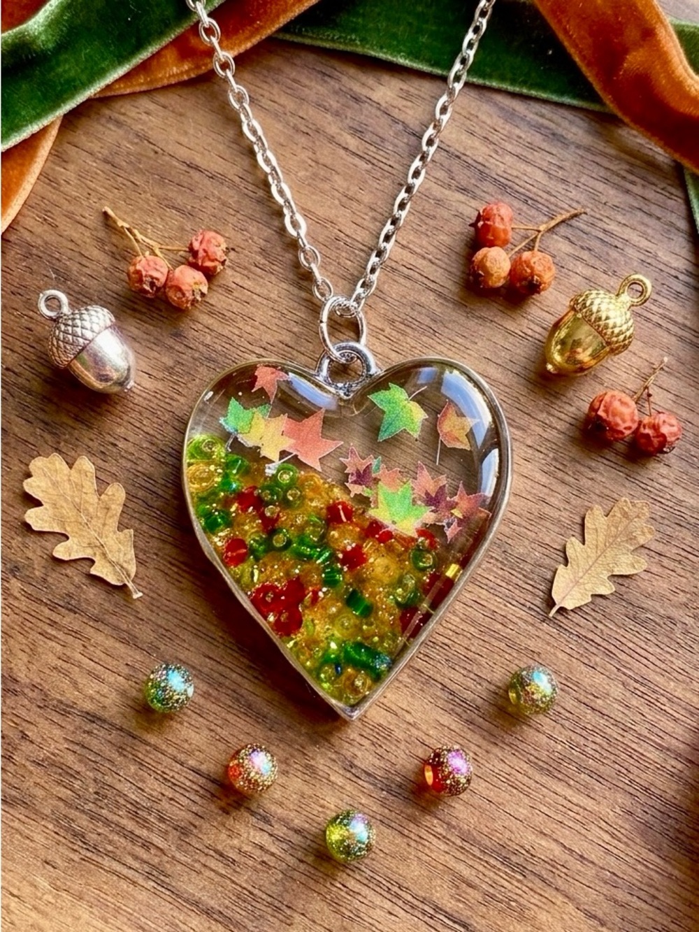 Handmade Heart Pendant Necklace in Green, Red and Gold